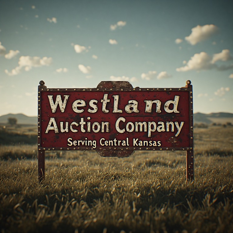Weathered red Westland Auction Company sign standing in a Kansas field